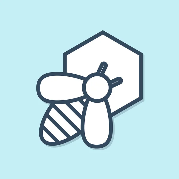 Blauwe lijn Bee en honingraat pictogram geïsoleerd op blauwe achtergrond. Honing cellen. Honingbij of api's met vleugels symbool. Vliegende insect. Zoete natuurlijke voeding. Vector illustratie — Stockvector