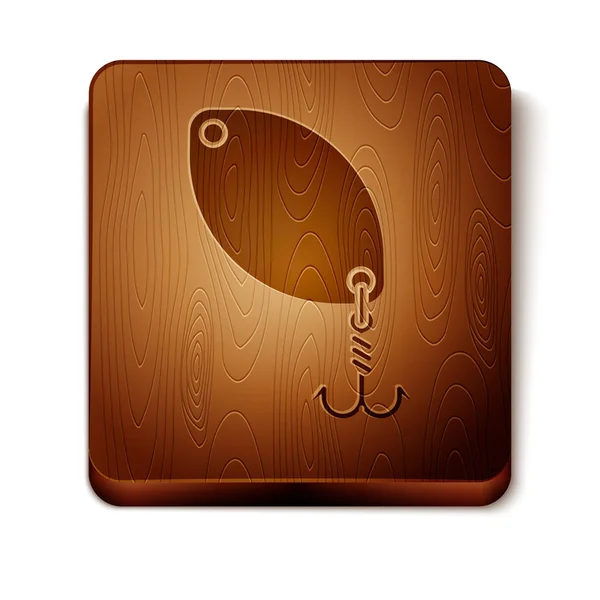 Brown Fishing spoon icon isolated on white background. Fishing baits in shape of fish. Fishing tackle. Wooden square button. Vector Illustration