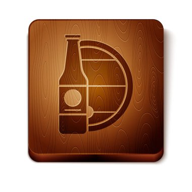 Kahverengi Bira şişesi ve ahşap varil simgesi beyaz arka plan üzerinde izole. Ahşap kare düğme. Vektör İllüstrasyonu