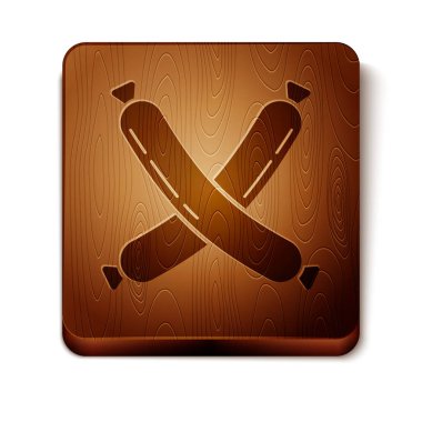 Kahverengi Çapraz sosis simgesi beyaz arka plan üzerinde izole. Izgara sosis ve aroma işareti. Ahşap kare düğme. Vektör İllüstrasyonu