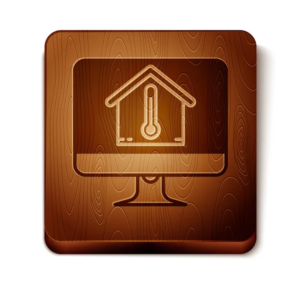 Brauner Computermonitor mit Icon der Haustemperatur auf weißem Hintergrund. Thermometer-Symbol. hölzerne quadratische Taste. Vektorillustration — Stockvektor