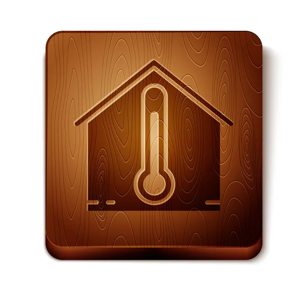 Icono de temperatura de Brown House aislado sobre fondo blanco. Icono del termómetro. Botón cuadrado de madera. Ilustración vectorial — Archivo Imágenes Vectoriales