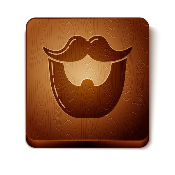 Moustache brune et icône de barbe isolées sur fond blanc. Symbole du coiffeur. Coiffure faciale. Bouton carré en bois. Illustration vectorielle — Image vectorielle