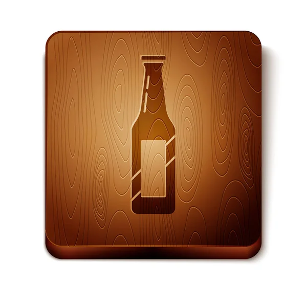Icona bottiglia di birra marrone isolata su sfondo bianco. Bottone quadrato in legno. Illustrazione vettoriale — Vettoriale Stock