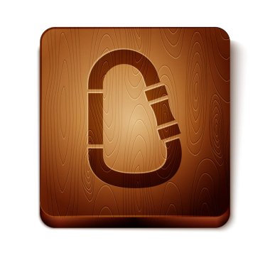 Kahverengi Carabiner simgesi beyaz arka plan üzerinde izole. Ekstrem sporlar. Spor ekipmanları. Ahşap kare düğme. Vektör İllüstrasyonu