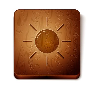 Kahverengi Güneş simgesi beyaz arka plan üzerinde izole. Ahşap kare düğme. Vektör İllüstrasyonu