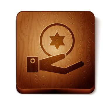 Kahverengi Yahudi sikke el simgesi beyaz arka plan üzerinde izole. Para birimi sembolü. Ahşap kare düğme. Vektör İllüstrasyonu