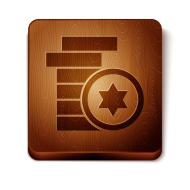 Kahverengi Yahudi sikke simgesi beyaz arka plan üzerinde izole. Para birimi sembolü. Ahşap kare düğme. Vektör İllüstrasyonu