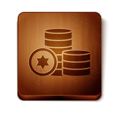 Kahverengi Yahudi sikke simgesi beyaz arka plan üzerinde izole. Para birimi sembolü. Ahşap kare düğme. Vektör İllüstrasyonu