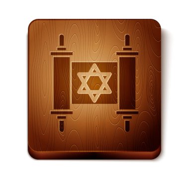 Kahverengi Tevrat kaydırma simgesi beyaz arka plan üzerinde izole. Yahudi Tevrat genişletilmiş şeklinde. David'in yıldızı sembolü. Eski parşömen parşömeni. Ahşap kare düğme. Vektör İllüstrasyonu