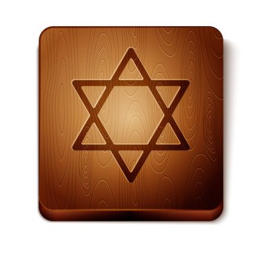 David 'in Kahverengi Yıldızı simgesi beyaz arkaplanda izole edilmiş. Yahudi dini sembolü. İsrail 'in sembolü. Tahta kare düğme. Vektör İllüstrasyonu