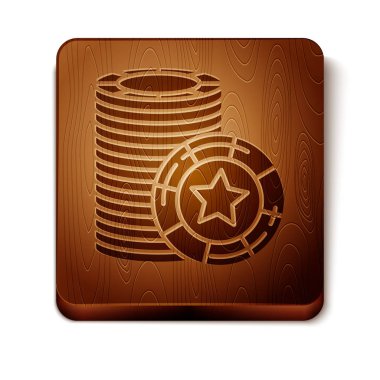 Kahverengi Casino fiş simgesi beyaz arka plan üzerinde izole. Kumarhane kumarı. Ahşap kare düğme. Vektör İllüstrasyonu