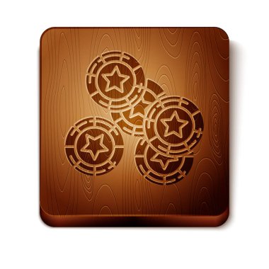 Kahverengi Casino fiş simgesi beyaz arka plan üzerinde izole. Kumarhane kumarı. Ahşap kare düğme. Vektör İllüstrasyonu