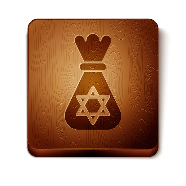 Καφέ εβραϊκή σακούλα χρημάτων με το αστέρι του Δαβίδ είδωλο απομονωθεί σε λευκό φόντο. Σύμβολο νομίσματος. Ξύλινο τετράγωνο κουμπί. Απεικόνιση διανυσματικών φορέων — Διανυσματικό Αρχείο