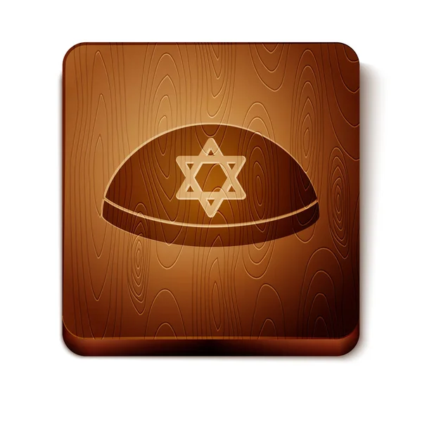 Kippa judía marrón con estrella de David icono aislado sobre fondo blanco. Sombrero judío yarmulke. Botón cuadrado de madera. Ilustración vectorial — Vector de stock