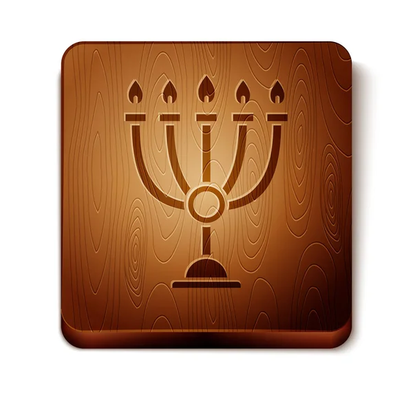 Icono de Hanukkah menorah marrón aislado sobre fondo blanco. Hanukkah símbolo tradicional. Religión navideña, festival judío de las Luces. Botón cuadrado de madera. Ilustración vectorial — Vector de stock