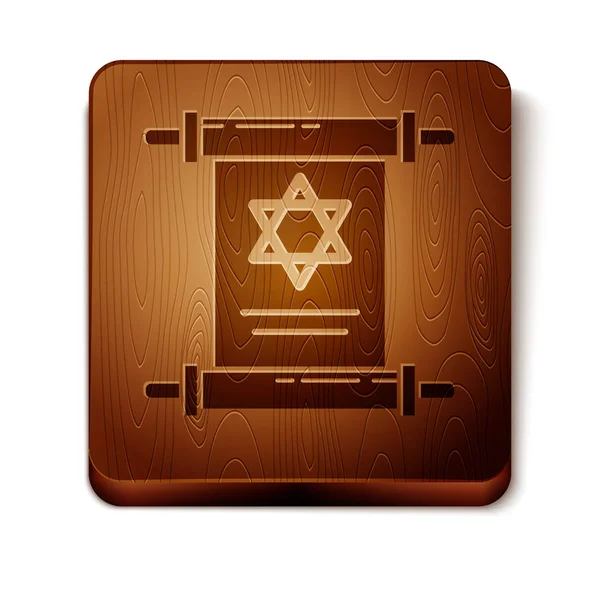 Brown Torah scroll icon isolated on white background. Jewish Torah in expanded form. Star of David symbol. Old parchment scroll. Wooden square button. Vector Illustration — Stock Vector