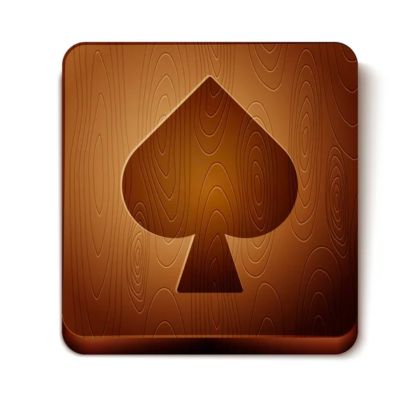 Hnědá hrací karta s pikovou ikonou symbolu izolovaná na bílém pozadí. Kasino hraní. Dřevěné čtvercové tlačítko. Vektorová ilustrace — Stockový vektor