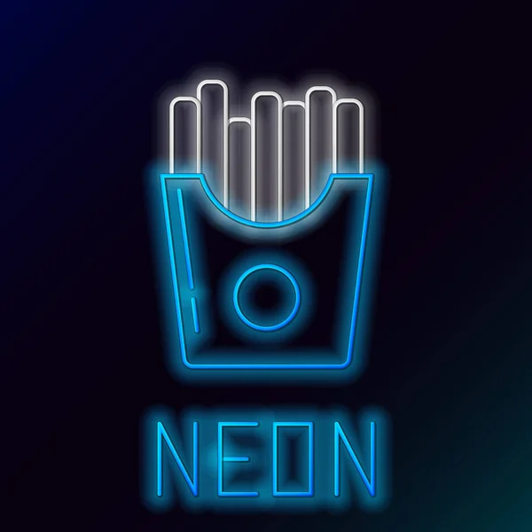 Blau leuchtende Neon Line Kartoffeln Pommes frites in Karton Verpackung Symbol isoliert auf schwarzem Hintergrund. Fast Food Menü. Buntes Rahmenkonzept. Vektorillustration — Stockvektor