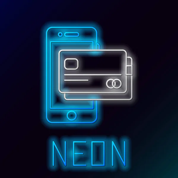 Blue glowing neon line Mobile phone and credit card icon isolated on black background. Smartphone online payment concept. NFC payment. Transfer icon. Colorful outline concept. Vector Illustration — Stock Vector