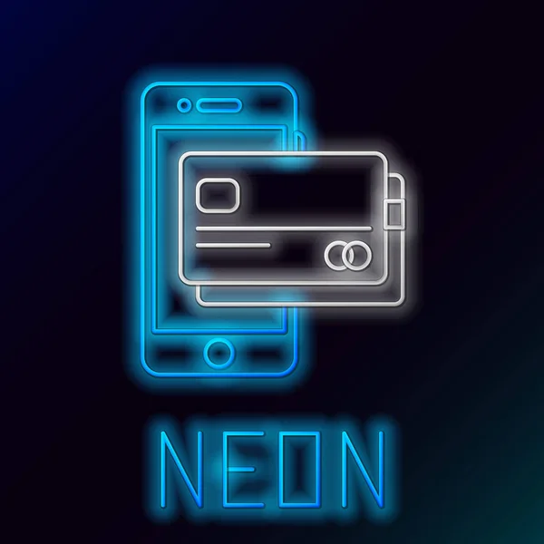 Azul brillante línea de neón Teléfono móvil y tarjeta de crédito icono aislado sobre fondo negro. Concepto de pago en línea Smartphone. Pago NFC. Icono de transferencia. Concepto de esquema colorido. Ilustración vectorial — Vector de stock