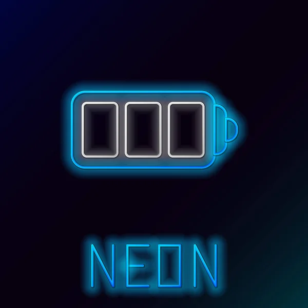 Blauw gloeiende neon lijn batterij laadniveau indicator pictogram geïsoleerd op zwarte achtergrond. Kleurrijk overzichts concept. Vector illustratie — Stockvector
