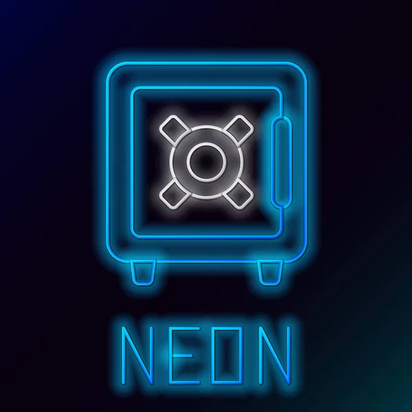 Blauwe gloeiende neon lijn veilig pictogram geïsoleerd op zwarte achtergrond. De deur veilig een bankkluis met een combinatie slot. Betrouwbare gegevensbescherming. Kleurrijk overzichts concept. Vector illustratie — Stockvector