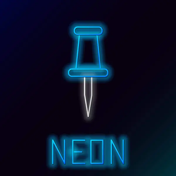Niebieska świecąca linia Neon push pin ikona na czarnym tle. Znak thumbtacks. Kolorowa koncepcja konturu. Ilustracja wektorowa — Wektor stockowy