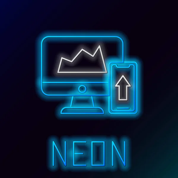 Niebieska świecąca linia Neon wykres finansowy lub wykres na monitorze komputera i ikonę telefonu komórkowego na czarnym tle. Strategia, planowanie, dane, inwestycje. Kolorowa koncepcja konturu. Ilustracja wektorowa — Wektor stockowy