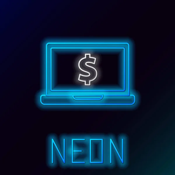 Linea neon blu brillante Laptop con icona simbolo dollaro su sfondo nero. Concetto di shopping online. Guadagni in Internet, marketing. Concetto di contorno colorato. Illustrazione vettoriale — Vettoriale Stock