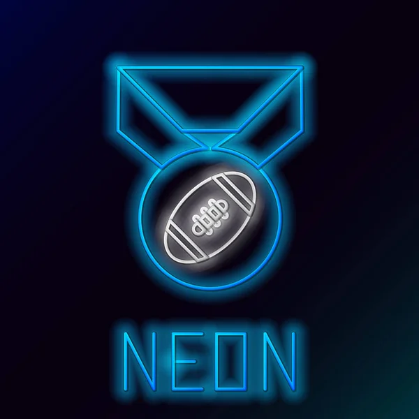 Bola de fútbol americano de línea de neón brillante azul con icono de medalla aislado sobre fondo negro. Concepto de esquema colorido. Ilustración vectorial — Vector de stock