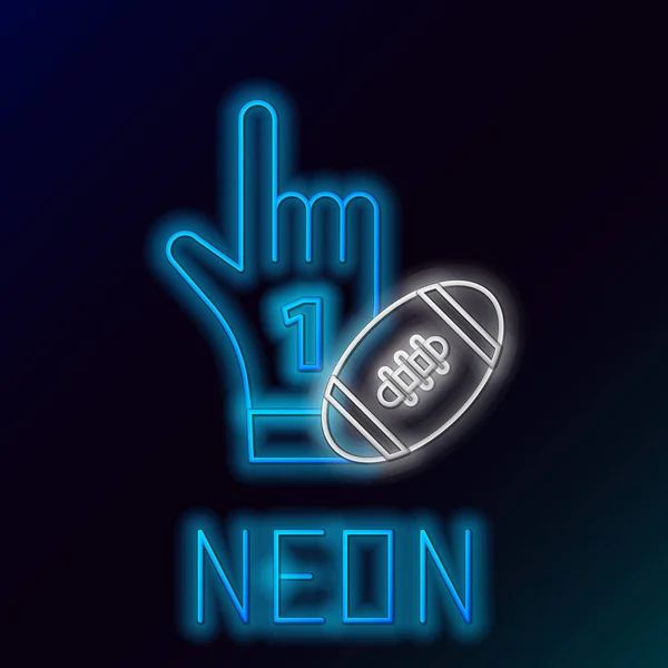 Blau leuchtende Leuchtlinie Nummer 1 ein Fan-Handschuh mit erhobenem Finger und American-Football-Ball-Symbol auf schwarzem Hintergrund. Sportausrüstung. Buntes Rahmenkonzept. Vektorillustration — Stockvektor