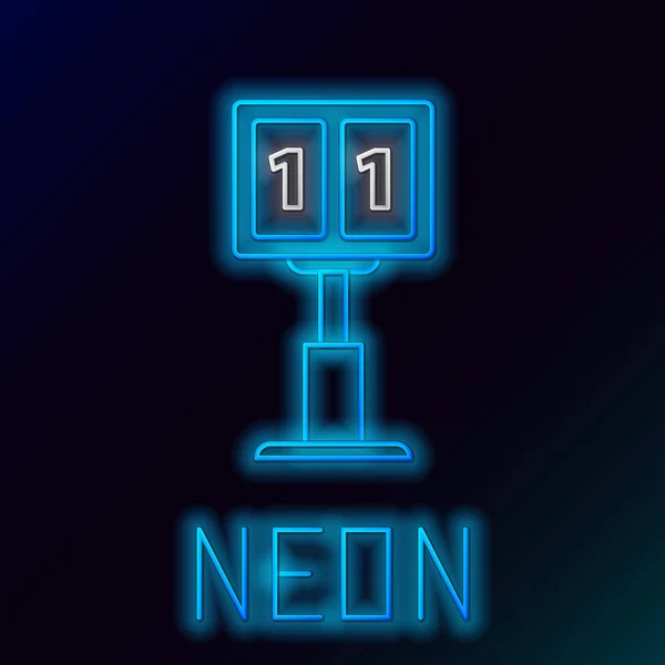 Blauwe gloeiende neon lijn sport voetbal mechanisch scorebord en resultaat weergegeven pictogram geïsoleerd op zwarte achtergrond. Kleurrijk overzichts concept. Vector illustratie — Stockvector