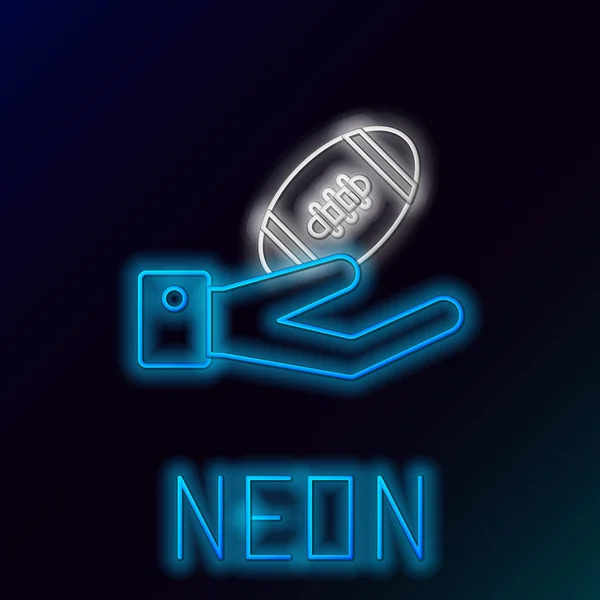 Blau leuchtende Neon-Linie American Football Ball auf der Hand Symbol isoliert auf schwarzem Hintergrund. Rugby-Ikone. Mannschaftssport-Spiel Symbol. Buntes Rahmenkonzept. Vektorillustration — Stockvektor