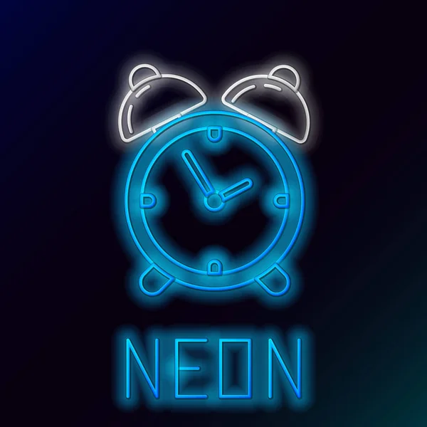 Blauwe gloeiende neon lijn wekker icoon geïsoleerd op zwarte achtergrond. Wakker worden, opstaan concept. Tijd teken. Kleurrijk overzichts concept. Vector illustratie — Stockvector