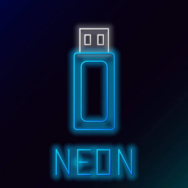 Icona flash drive USB blu brillante della linea neon isolata su sfondo nero. Concetto di contorno colorato. Illustrazione vettoriale — Vettoriale Stock