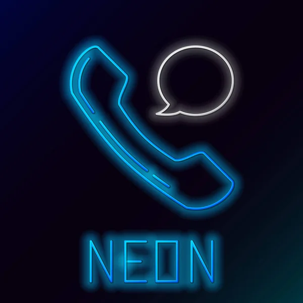 Blue glowing neon line Telephone handset and speech bubble chat icon isolated on black background. Phone sign. Colorful outline concept. Vector Illustration — Stock Vector