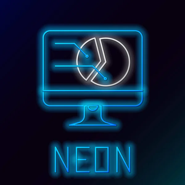 Linea neon luminosa blu Monitor per computer con icona grafico su sfondo nero. Segnala l'icona del file di testo. Segnale contabile. Audit, analisi, pianificazione. Concetto di contorno colorato. Illustrazione vettoriale — Vettoriale Stock