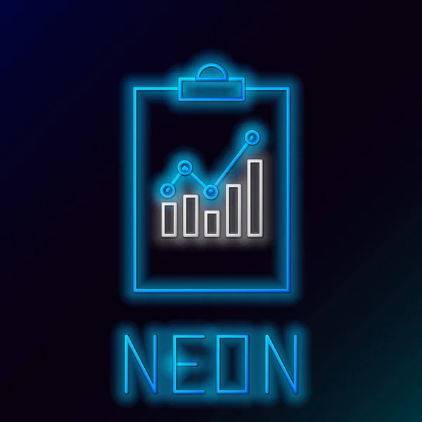 Blauw gloeiende neon lijn Klembord met grafiek grafiek pictogram geïsoleerd op zwarte achtergrond. Pictogram tekstbestand rapporteren. Accounting teken. Audit, analyse, planning. Kleurrijk overzichts concept. Vector illustratie — Stockvector