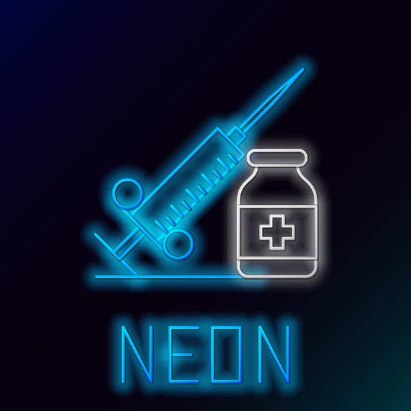 Kék izzó neon line orvosi fecskendő tűvel és üveggel vagy ampullába ikonra fekete alapon. Védőoltás, injekció, vakcina, inzulin koncepció. Színes vázlatfogalom. Vektoros illusztráció — Stock Vector