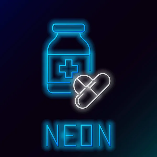 Μπλε λαμπερό νέον γραμμή φάρμακο μπουκάλι και χάπια εικονίδιο απομονωθεί σε μαύρο φόντο. Πινακίδα με χάπι φιάλης. Σχέδιο φαρμακευτικής. Πολύχρωμη ιδέα περιγράμματος. Απεικόνιση διανυσματικών φορέων — Διανυσματικό Αρχείο