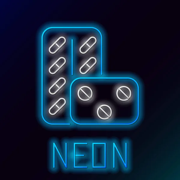 Kék izzó neon vonal pills a buborékfóliában ikon izolált fekete háttér. Orvosi gyógyszer csomag tabletta, vitamin, antibiotikum, aszin. Színes vázlatfogalom. Vektoros illusztráció — Stock Vector