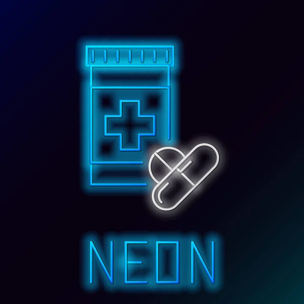 Kék izzó neon vonal Medicine üveg és tabletták ikon izolált fekete háttér. Palack tabletta jele. Gyógyszertári tervezés. Színes vázlatfogalom. Vektoros illusztráció — Stock Vector