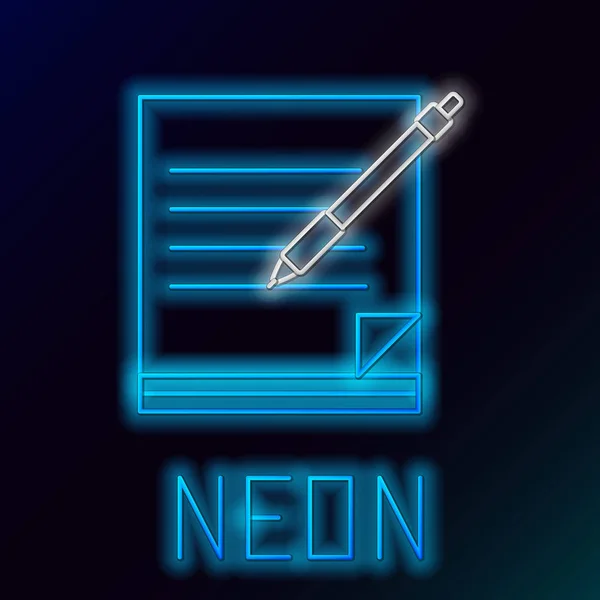 Blauwe gloeiende neon lijn lege notebook en pen pictogram geïsoleerd op zwarte achtergrond. Papier en pen. Kleurrijk overzichts concept. Vector illustratie — Stockvector