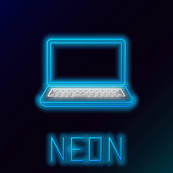 蓝色发光霓虹灯线笔记本电脑图标隔离在黑色背景。带空屏幕标志的计算机笔记本。五颜六色的轮廓概念。矢量插图 — 图库矢量图片