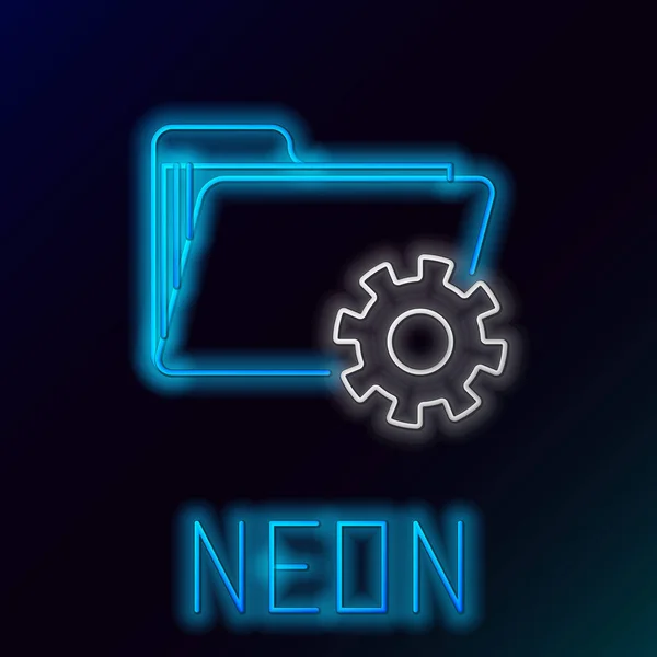 Blau leuchtende Neon-Linie Ordner Einstellungen mit Getriebe-Symbol isoliert auf schwarzem Hintergrund. Softwareupdate, Übertragungsprotokoll, Teamwork-Werkzeugmanagement. Buntes Rahmenkonzept. Vektorillustration — Stockvektor