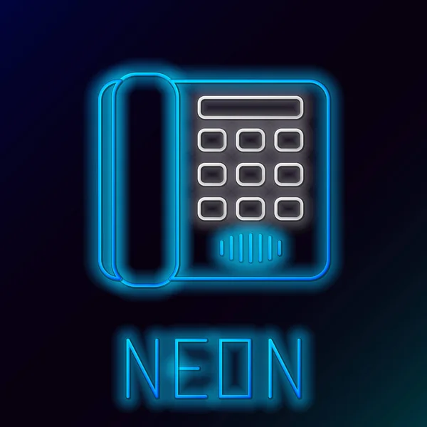 青い輝くネオンライン 黒の背景に隔離された電話アイコン。固定電話カラフルなアウトラインコンセプト。ベクトルイラストレーション — ストックベクタ