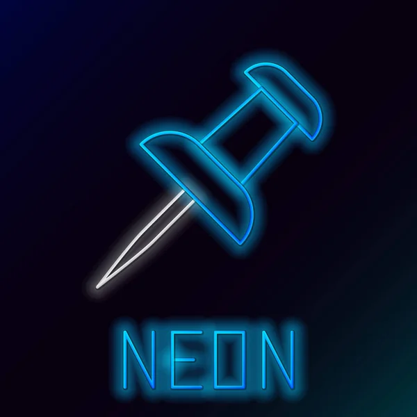Niebieska świecąca linia neonowa ikona PIN wyizolowana na czarnym tle. Znak thumbtacks. Kolorowa koncepcja konturu. Ilustracja wektorowa — Wektor stockowy