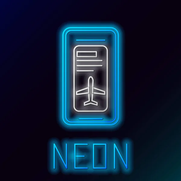 Blau leuchtendes Neon Line Smartphone mit elektronischem Bordkartensymbol auf schwarzem Hintergrund. Handyticket für das Passagierflugzeug für Web und App. Buntes Rahmenkonzept. Vektorillustration — Stockvektor