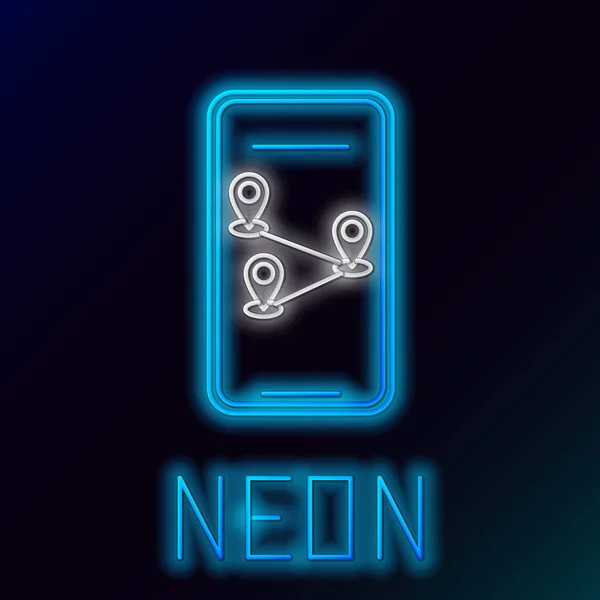 Blå glödande Neon line infographic av stadskarta navigations ikonen isolerad på svart bakgrund. Koncept design för Mobilappsgränssnitt. Geolacation-konceptet. Färgstarka dispositions konceptet. Vektor illustration — Stock vektor